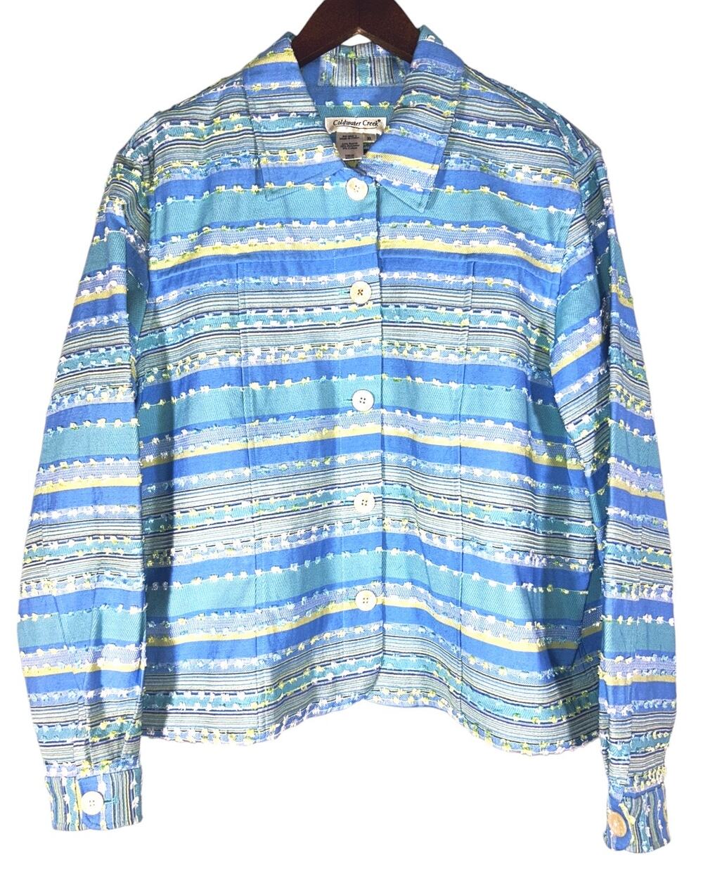 Coldwater Creek Button Front Unlined Blue & Yellow Striped Jacket XL